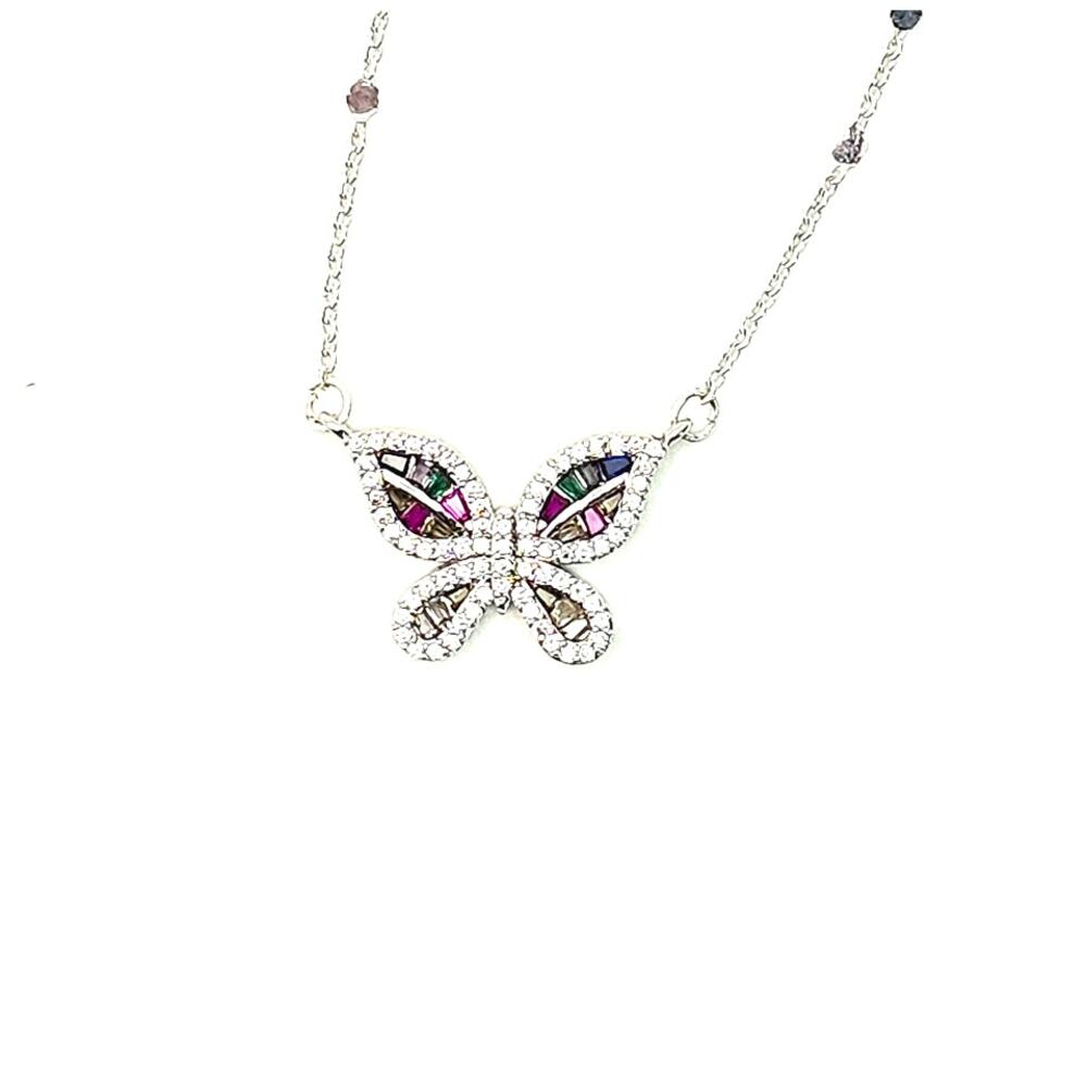 Dainty Butterfly Pendant Multi-color Rainbow CZ Adjustable Silver Chain Sparkly